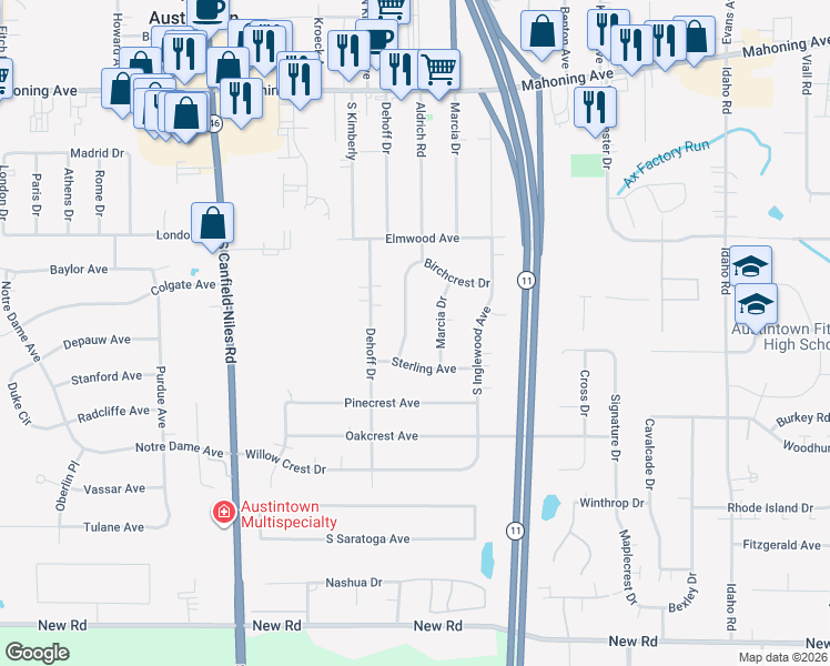 map of restaurants, bars, coffee shops, grocery stores, and more near 280 Marcia Drive in Youngstown