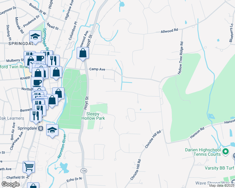 map of restaurants, bars, coffee shops, grocery stores, and more near 28 Stephanie Lane in Darien