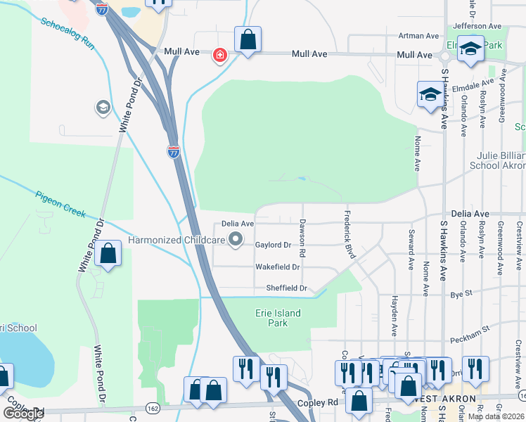 map of restaurants, bars, coffee shops, grocery stores, and more near 1196 Thorndale Drive in Akron