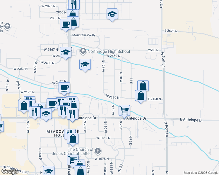 map of restaurants, bars, coffee shops, grocery stores, and more near 94 W 2200 N in Layton