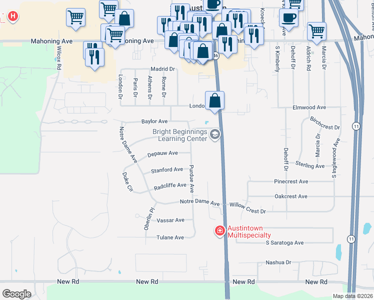 map of restaurants, bars, coffee shops, grocery stores, and more near 574 Purdue Avenue in Youngstown