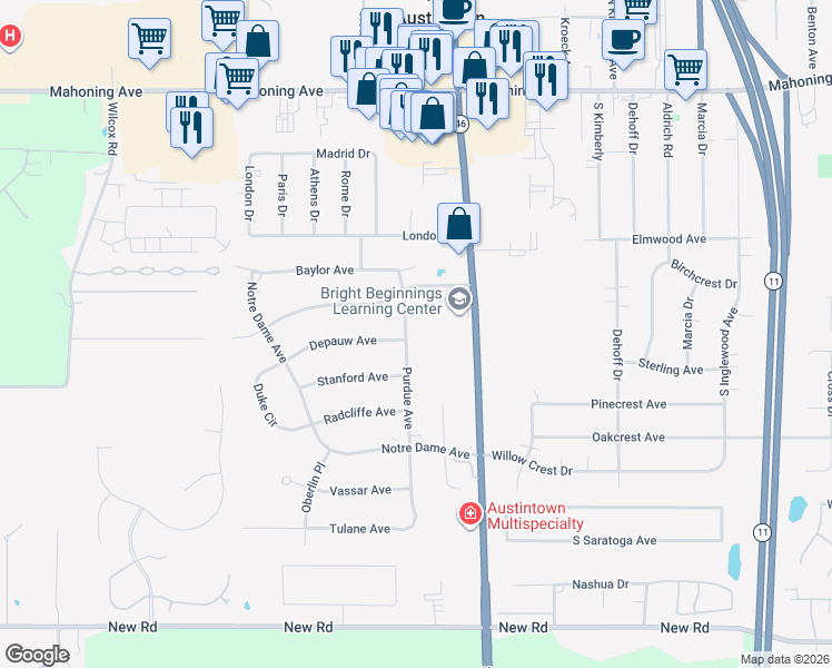 map of restaurants, bars, coffee shops, grocery stores, and more near 574 Purdue Avenue in Youngstown