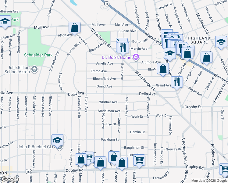 map of restaurants, bars, coffee shops, grocery stores, and more near 999 Delia Avenue in Akron