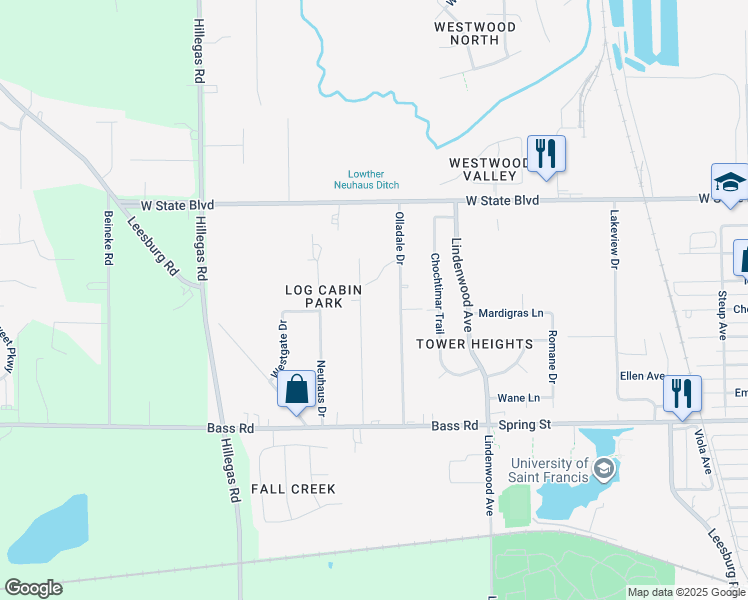 map of restaurants, bars, coffee shops, grocery stores, and more near 1916 Lathrop Drive in Fort Wayne