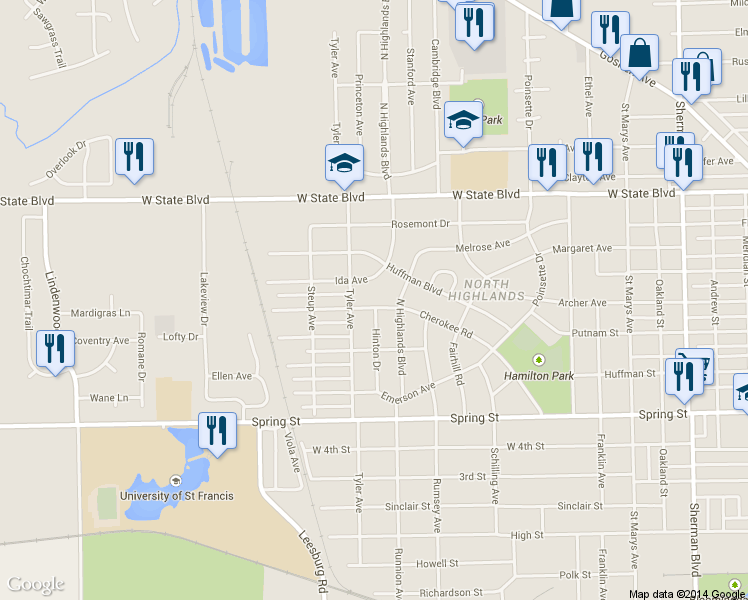 map of restaurants, bars, coffee shops, grocery stores, and more near 1824 Cherokee Rd in Fort Wayne