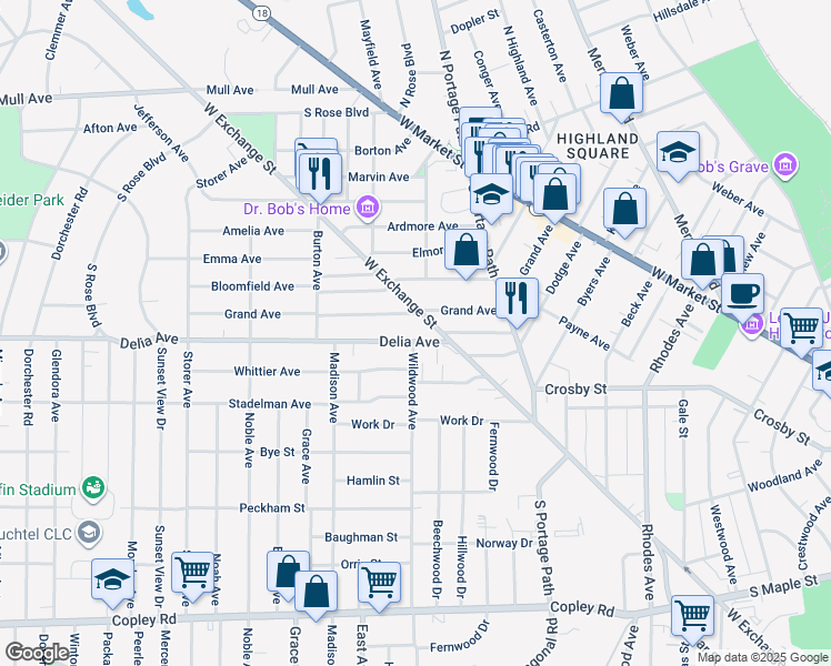 map of restaurants, bars, coffee shops, grocery stores, and more near 873 Delia Ave in Akron