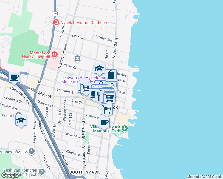 map of restaurants, bars, coffee shops, grocery stores, and more near North Broadway Avenue & 1st Avenue in Nyack