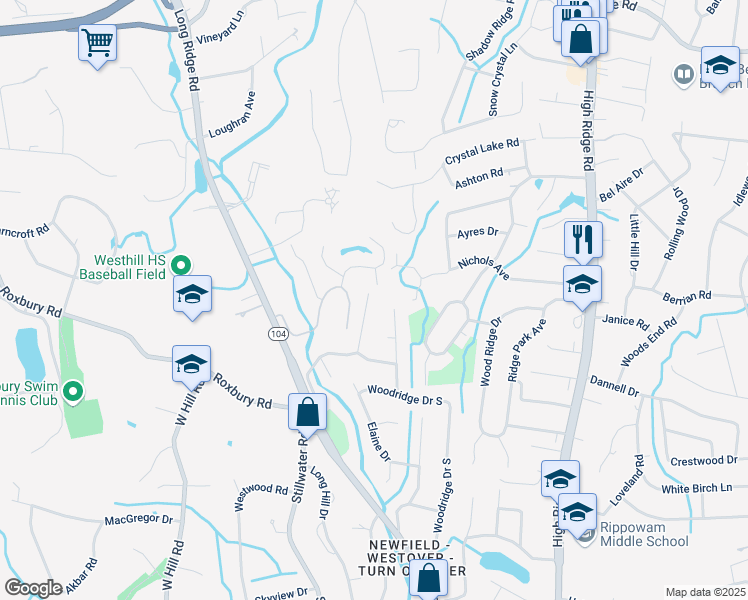 map of restaurants, bars, coffee shops, grocery stores, and more near 125 Buckingham Drive in Stamford