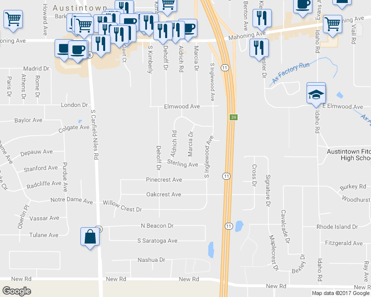 map of restaurants, bars, coffee shops, grocery stores, and more near 280 Marcia Drive in Youngstown