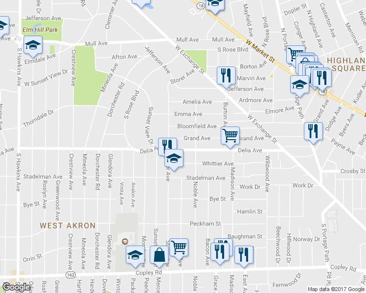 map of restaurants, bars, coffee shops, grocery stores, and more near 1081 Delia Avenue in Akron