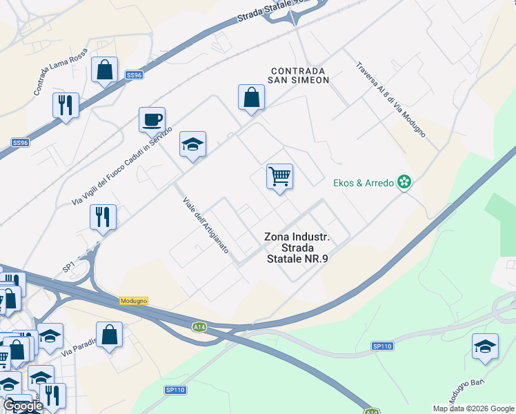 map of restaurants, bars, coffee shops, grocery stores, and more near 7 Via dei Vetrai in Zona Industr. Strada Statale NR.9