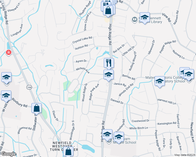map of restaurants, bars, coffee shops, grocery stores, and more near 41 Ridge Park Avenue in Stamford