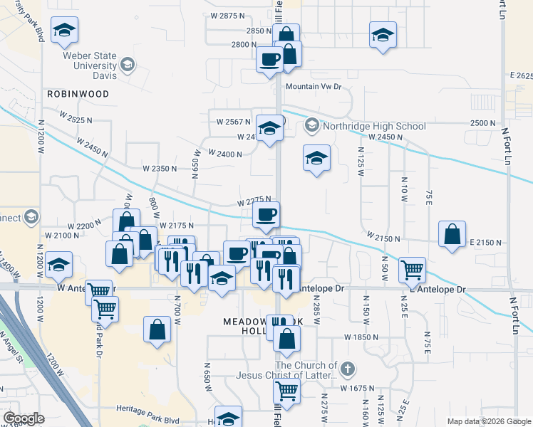 map of restaurants, bars, coffee shops, grocery stores, and more near 2237 North 450 West in Layton