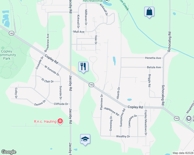 map of restaurants, bars, coffee shops, grocery stores, and more near 1360 Meadow Run in Akron