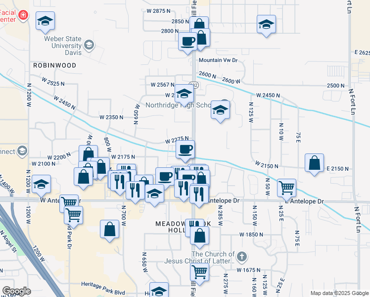 map of restaurants, bars, coffee shops, grocery stores, and more near 2237 North 450 West in Layton