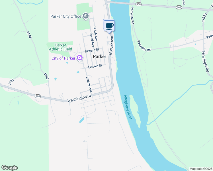 map of restaurants, bars, coffee shops, grocery stores, and more near 202 North Walnut Street in Parker