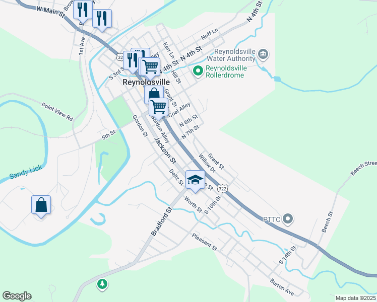 map of restaurants, bars, coffee shops, grocery stores, and more near 740 Rear East Main Street in Reynoldsville