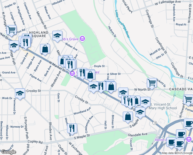 map of restaurants, bars, coffee shops, grocery stores, and more near 59 Aqueduct Street in Akron
