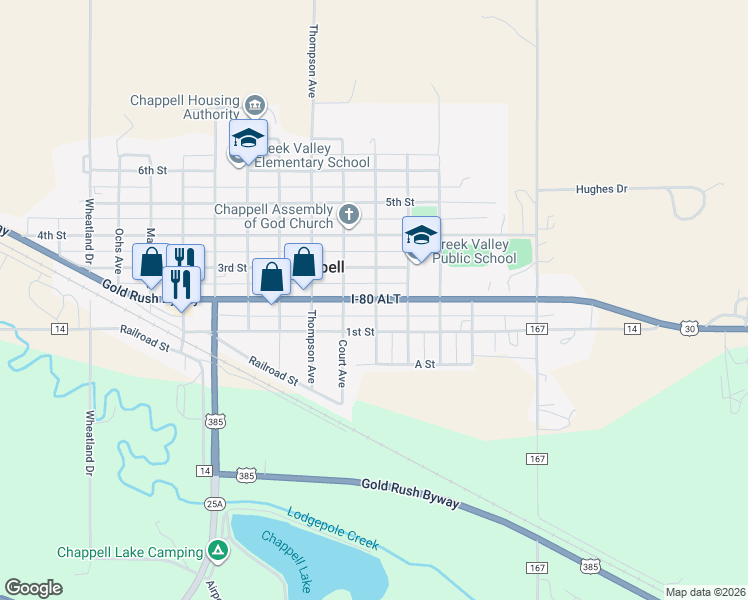 map of restaurants, bars, coffee shops, grocery stores, and more near 1299 Lincoln Highway in Chappell