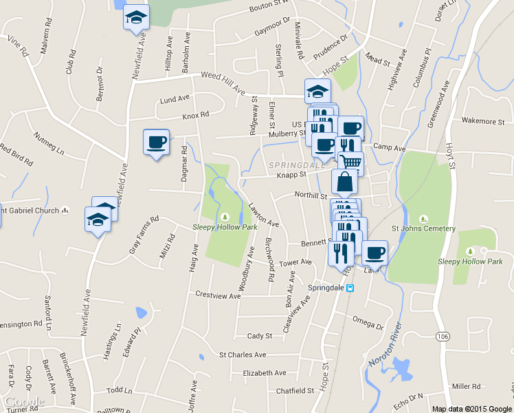 map of restaurants, bars, coffee shops, grocery stores, and more near 95 Lawton Avenue in Stamford