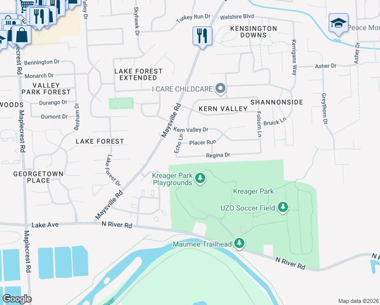 map of restaurants, bars, coffee shops, grocery stores, and more near 7401 Regina Drive in Fort Wayne