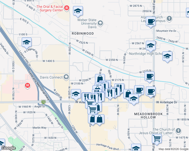 map of restaurants, bars, coffee shops, grocery stores, and more near 1020 West 2200 North in Layton
