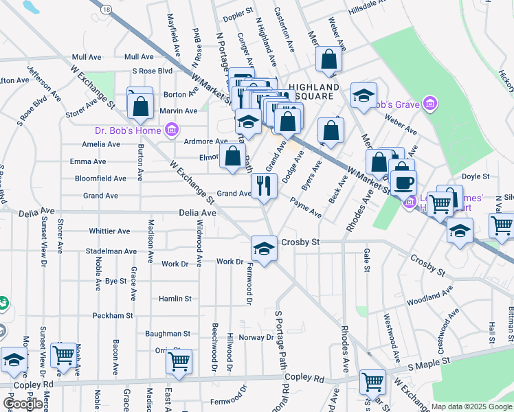 map of restaurants, bars, coffee shops, grocery stores, and more near 124 Hollinger Avenue in Akron