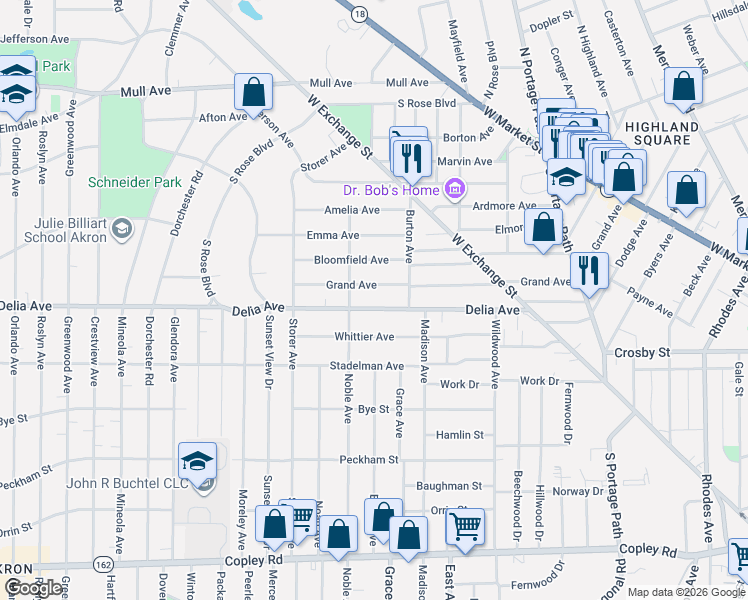 map of restaurants, bars, coffee shops, grocery stores, and more near 1037 Delia Avenue in Akron