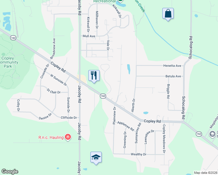 map of restaurants, bars, coffee shops, grocery stores, and more near 1360 Meadow Run in Akron