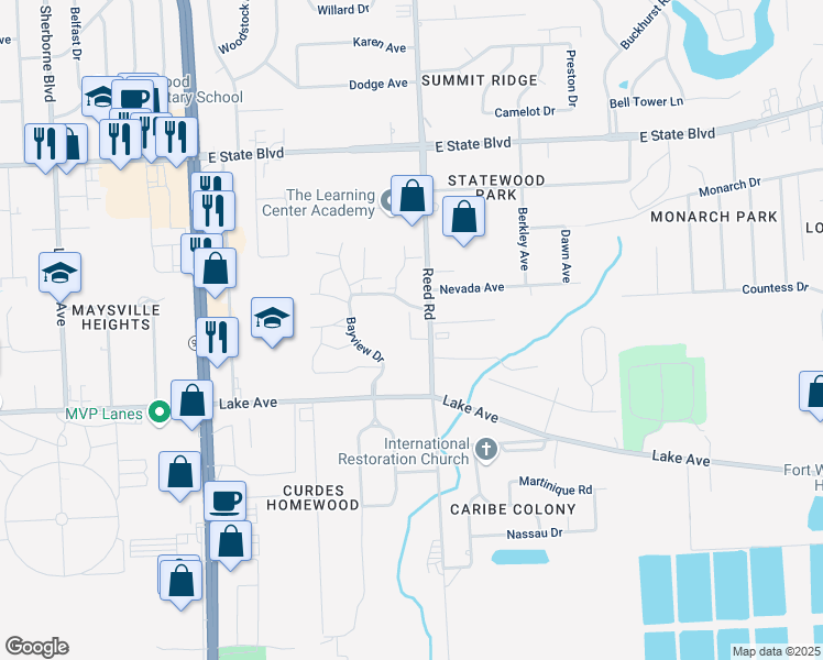 map of restaurants, bars, coffee shops, grocery stores, and more near 1701 Reed Road in Fort Wayne