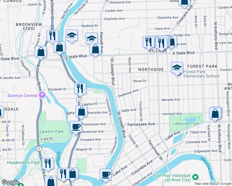 map of restaurants, bars, coffee shops, grocery stores, and more near 1810 Saint Joseph Boulevard in Fort Wayne