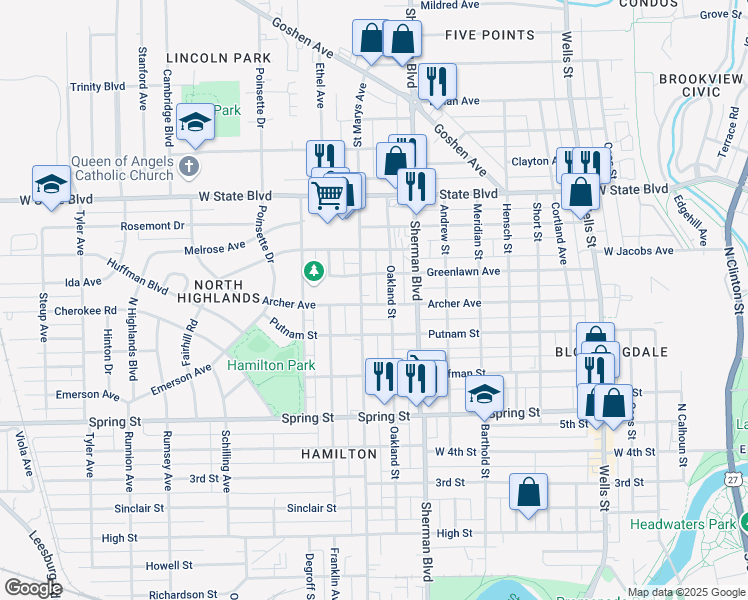 map of restaurants, bars, coffee shops, grocery stores, and more near 1006 Archer Avenue in Fort Wayne