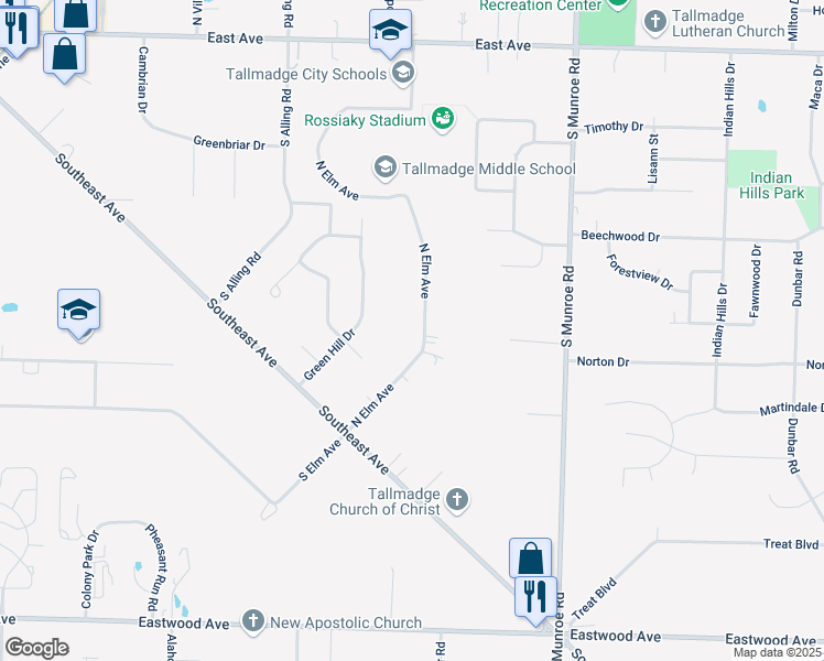 map of restaurants, bars, coffee shops, grocery stores, and more near 318 North Elm Avenue in Tallmadge