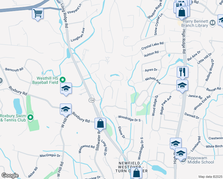 map of restaurants, bars, coffee shops, grocery stores, and more near 63 Castle Hill Drive in Stamford