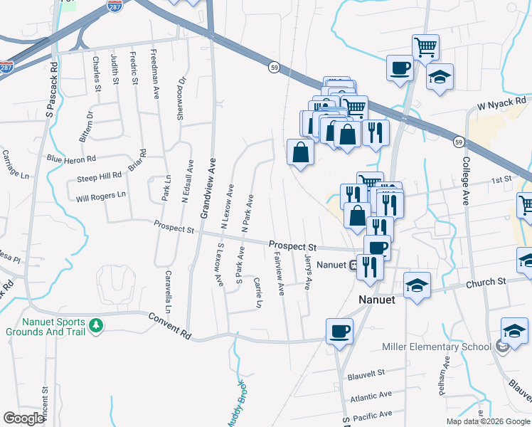 map of restaurants, bars, coffee shops, grocery stores, and more near 17 Fairview Avenue North in Nanuet