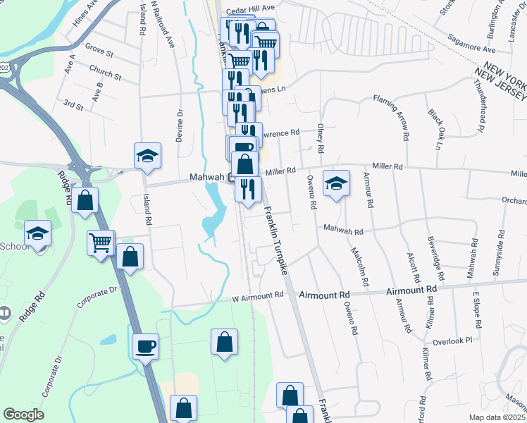 map of restaurants, bars, coffee shops, grocery stores, and more near 228 Franklin Turnpike in Mahwah