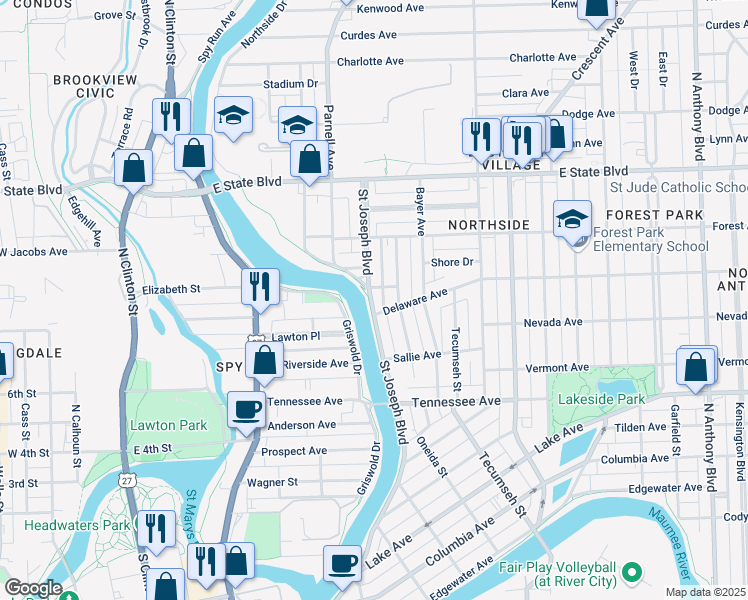 map of restaurants, bars, coffee shops, grocery stores, and more near 1814 Saint Joseph Boulevard in Fort Wayne