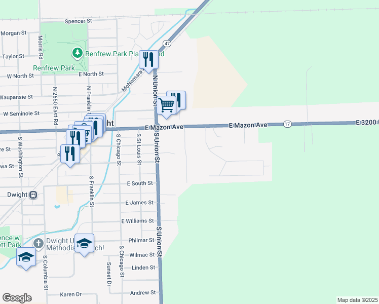 map of restaurants, bars, coffee shops, grocery stores, and more near 110 South John Street in Dwight