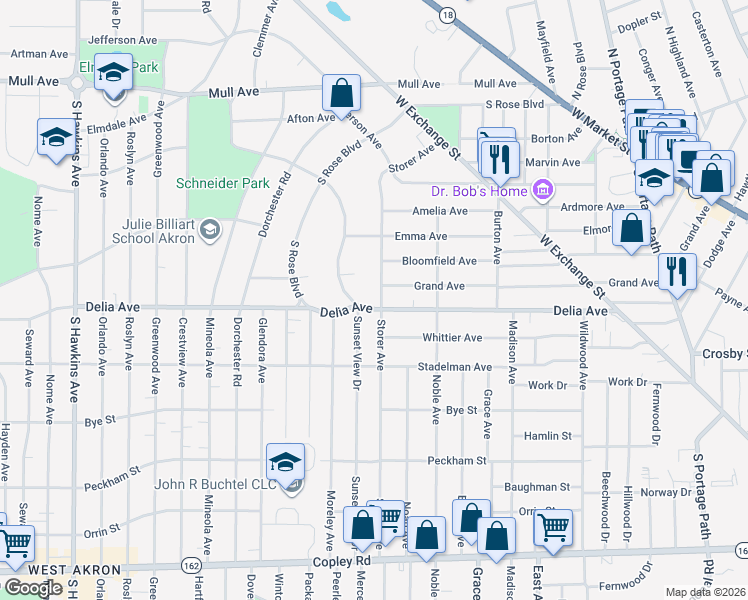 map of restaurants, bars, coffee shops, grocery stores, and more near 1119 Delia Avenue in Akron