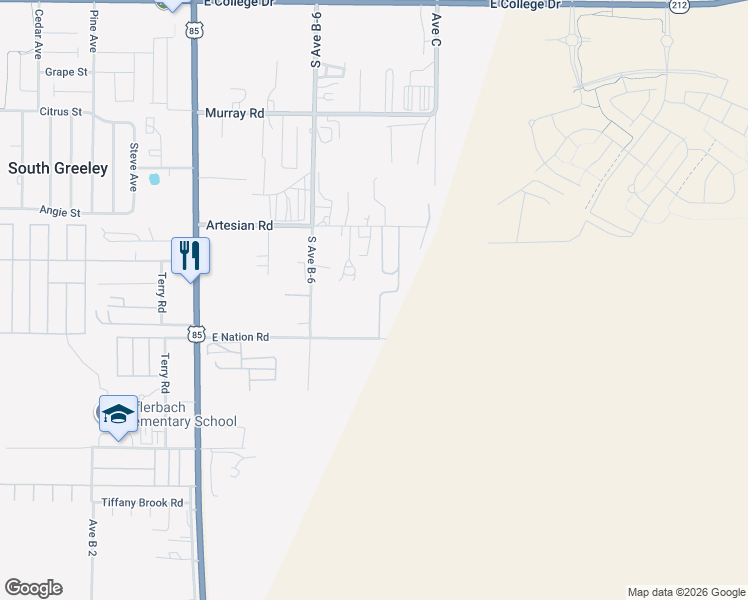 map of restaurants, bars, coffee shops, grocery stores, and more near Perri Lane in Cheyenne