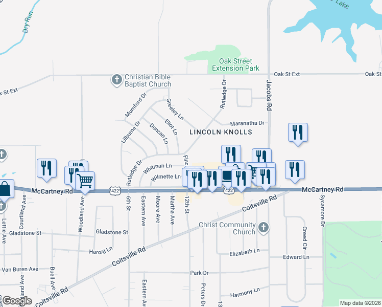map of restaurants, bars, coffee shops, grocery stores, and more near 93 Rutledge Drive in Youngstown