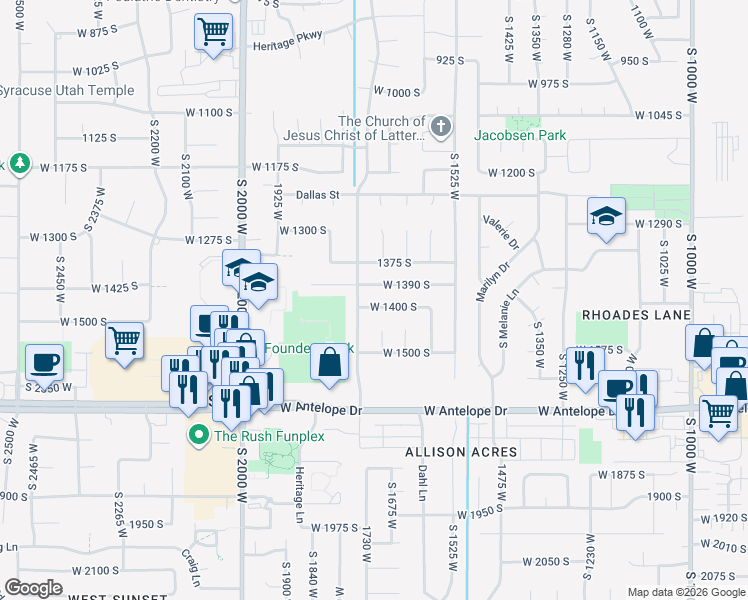 map of restaurants, bars, coffee shops, grocery stores, and more near 1720 West 1400 South in Syracuse