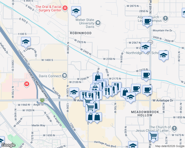 map of restaurants, bars, coffee shops, grocery stores, and more near 1020 West 2200 North in Layton