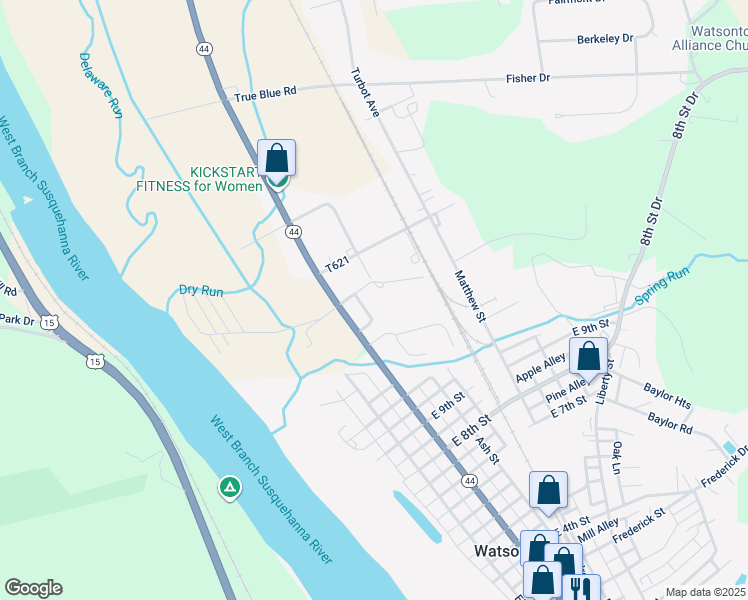 map of restaurants, bars, coffee shops, grocery stores, and more near 1100 Main Street in Watsontown