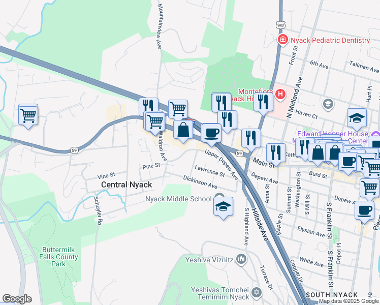 map of restaurants, bars, coffee shops, grocery stores, and more near 2 Hall Avenue in Nyack
