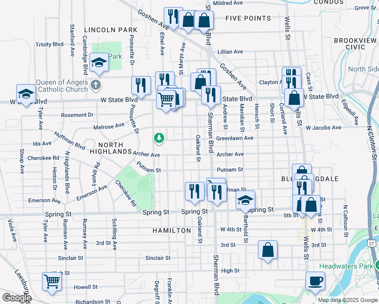 map of restaurants, bars, coffee shops, grocery stores, and more near 1018 Archer Avenue in Fort Wayne