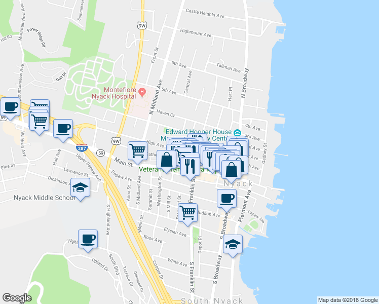 map of restaurants, bars, coffee shops, grocery stores, and more near 120 High Avenue in Nyack