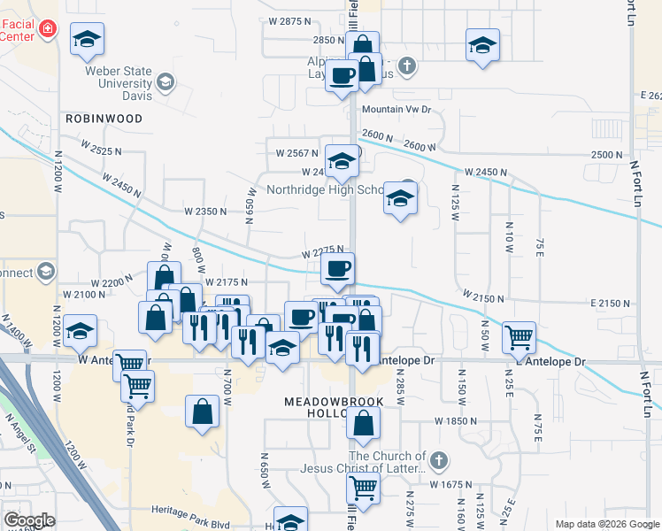 map of restaurants, bars, coffee shops, grocery stores, and more near 2246 North 475 West in Layton