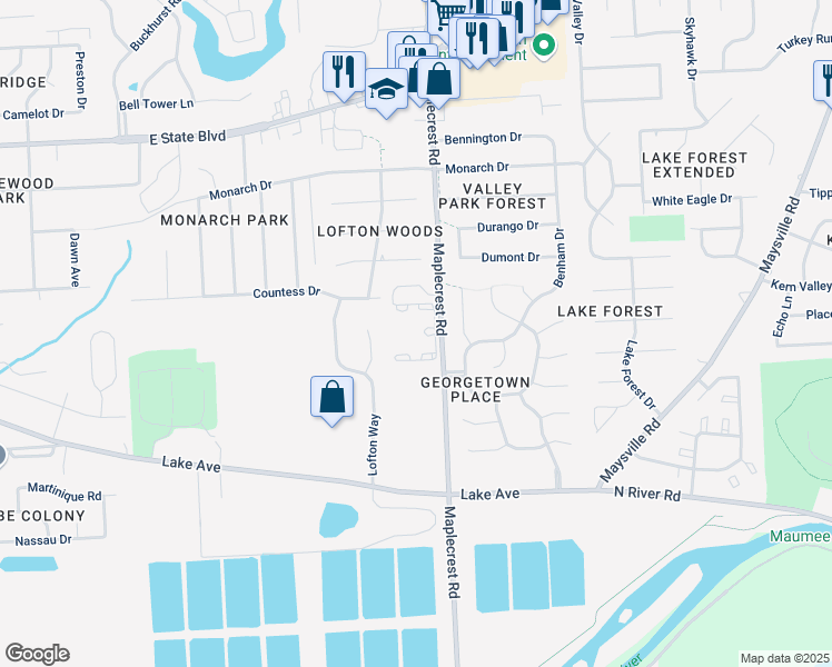 map of restaurants, bars, coffee shops, grocery stores, and more near 1717 Maplecrest Road in Fort Wayne