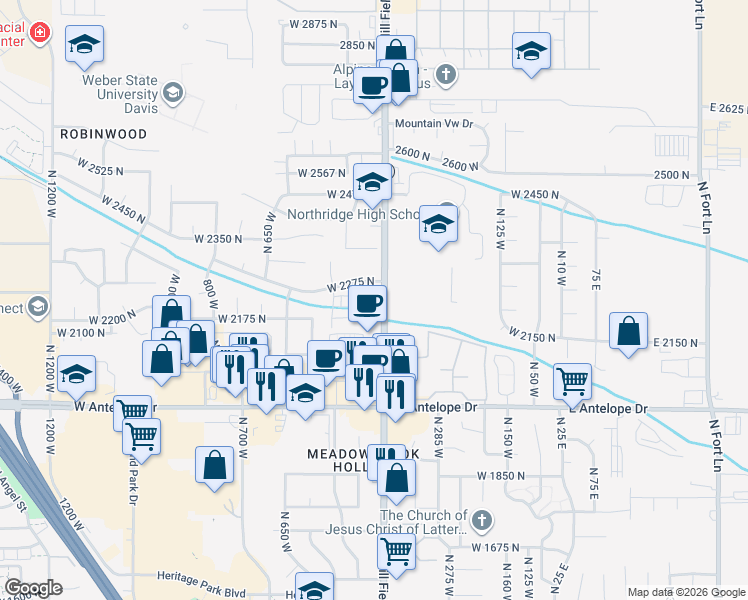 map of restaurants, bars, coffee shops, grocery stores, and more near 2234 North Hill Field Road in Layton